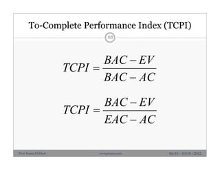 To-Complete Performance Index (TCPI)
68
ACBAC
EVBAC
TCPI



ACEAC
EVBAC
TCPI



06/10 - 10/10 /2012Prof. Karim El-Dash www.projacs.com
 