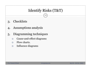 Identify Risks (T&T)
3. Checklists
4. Assumptions analysis
5. Diagramming techniques
 Cause-and-effect diagrams
 Flow charts.
 Influence diagrams
94
06/10 - 10/10 /2012Prof. Karim El-Dash www.projacs.com
 