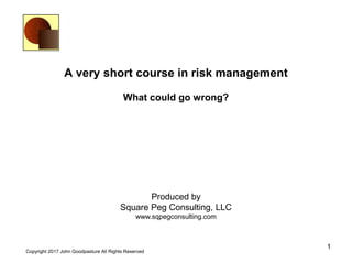 1
Copyright 2017 John Goodpasture All Rights Reserved
A very short course in risk management
What could go wrong?
Produced by
Square Peg Consulting, LLC
www.sqpegconsulting.com
 
