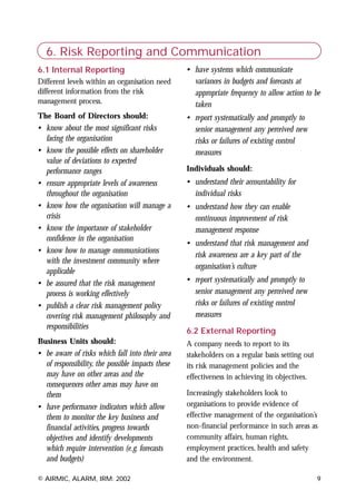 6. Risk Reporting and Communication
6.1 Internal Reporting                            • have systems which communicate
Different levels within an organisation need        variances in budgets and forecasts at
different information from the risk                 appropriate frequency to allow action to be
management process.                                 taken
The Board of Directors should:                    • report systematically and promptly to
• know about the most significant risks             senior management any perceived new
  facing the organisation                           risks or failures of existing control
• know the possible effects on shareholder          measures
  value of deviations to expected
  performance ranges                              Individuals should:
• ensure appropriate levels of awareness          • understand their accountability for
  throughout the organisation                       individual risks
• know how the organisation will manage a         • understand how they can enable
  crisis                                            continuous improvement of risk
• know the importance of stakeholder                management response
  confidence in the organisation
                                                  • understand that risk management and
• know how to manage communications
                                                    risk awareness are a key part of the
  with the investment community where
                                                    organisation’s culture
  applicable
• be assured that the risk management             • report systematically and promptly to
  process is working effectively                    senior management any perceived new
• publish a clear risk management policy            risks or failures of existing control
  covering risk management philosophy and           measures
  responsibilities
                                                  6.2 External Reporting
Business Units should:                            A company needs to report to its
• be aware of risks which fall into their area    stakeholders on a regular basis setting out
  of responsibility, the possible impacts these   its risk management policies and the
  may have on other areas and the                 effectiveness in achieving its objectives.
  consequences other areas may have on
  them                                            Increasingly stakeholders look to
• have performance indicators which allow         organisations to provide evidence of
  them to monitor the key business and            effective management of the organisation’s
  financial activities, progress towards          non-financial performance in such areas as
  objectives and identify developments            community affairs, human rights,
  which require intervention (e.g. forecasts      employment practices, health and safety
  and budgets)                                    and the environment.

© AIRMIC, ALARM, IRM: 2002                                                                      9
 
