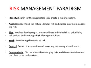 RISK MANAGEMENT PARADIGM
• Identify: Search for the risks before they create a major problem.

• Analyze: understand the nature , kind of risk and gather information about
the risk.
• Plan: Involves developing actions to address individual risks, prioritizing
• risk actions and creating a Risk Management Plan.
• Track: Monitoring the status of risk.
• Control: Correct the deviation and make any necessary amendments.
• Communicate: Discuss about the emerging risks and the current risks and
the plans to be undertaken.

18

 