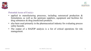 Potential Areas of Use(s):-
• applied to manufacturing processes, including outsourced production &
formulation, as well as the upstream suppliers, equipment and facilities for
drug substances & drug (medicinal) products.
• also been used primarily in the pharmaceutical industry for evaluating process
safety hazards.
• The output of a HAZOP analysis is a list of critical operations for risk
management.
4/6/2022 23
Smt. BNB SPC, Salvav-Vapi
 