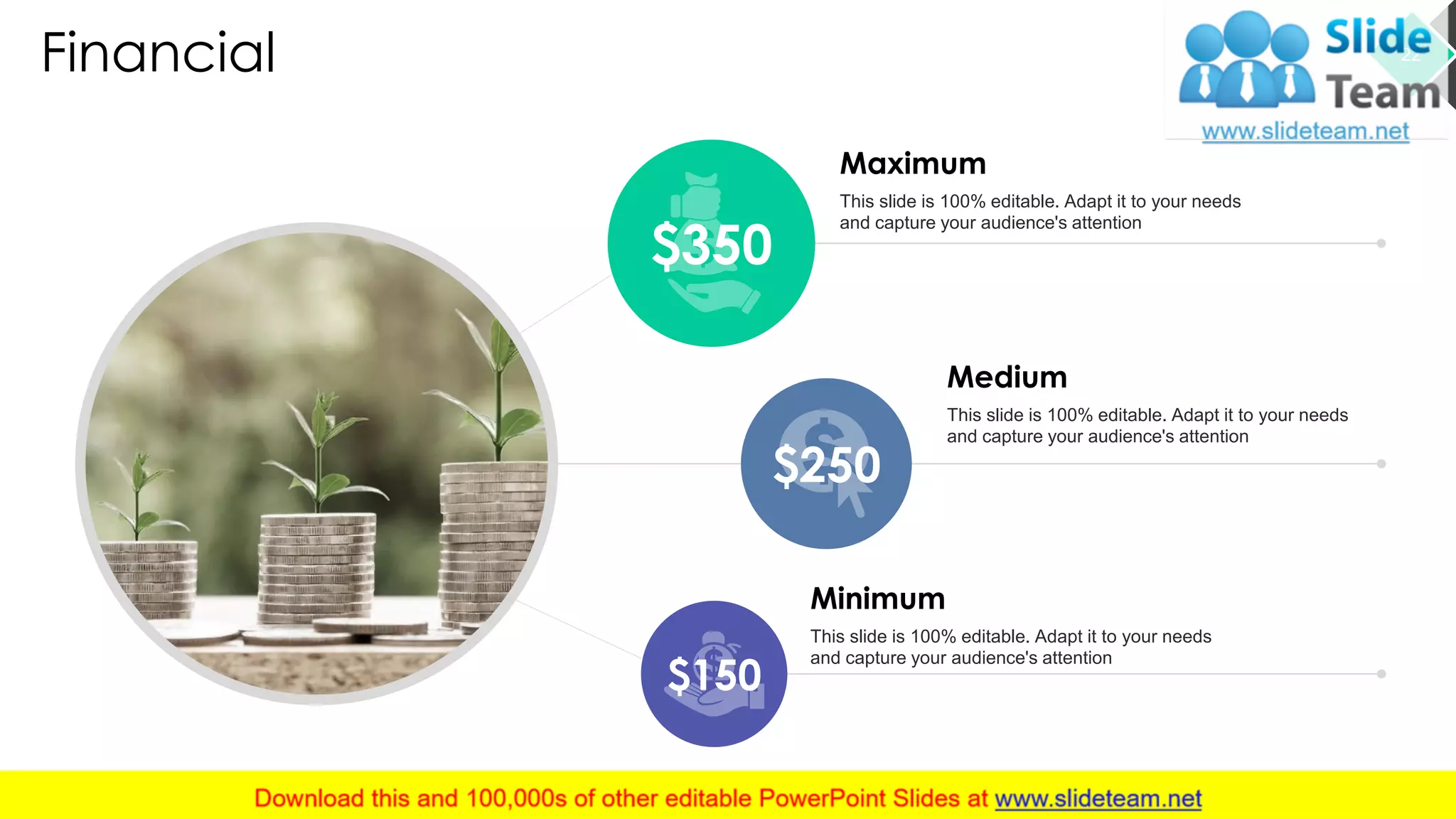 $350
$250
$150
Maximum
This slide is 100% editable. Adapt it to your needs
and capture your audience's attention
Minimum
This slide is 100% editable. Adapt it to your needs
and capture your audience's attention
Medium
This slide is 100% editable. Adapt it to your needs
and capture your audience's attention
Financial 22
 