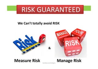 Measure Risk Manage Risk
We Can’t totally avoid RISK
RISK GUARANTEED
&
Sandeep.LeanSixSigma
 