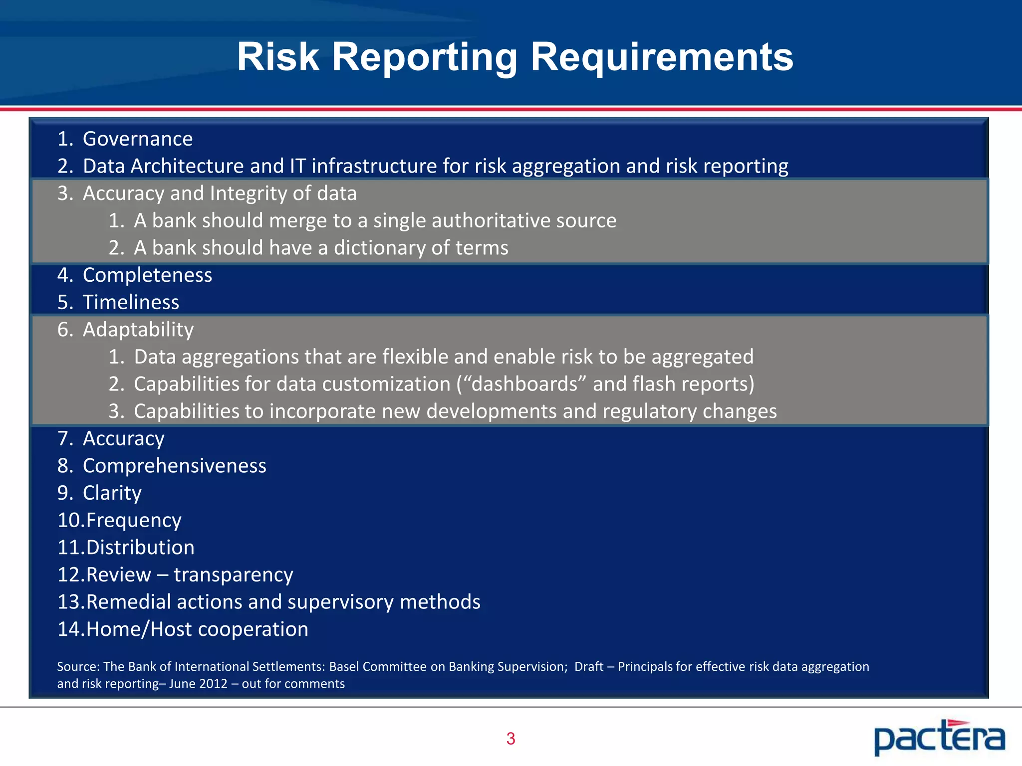 Risk Reporting Requirements
1. Governance
2. Data Architecture and IT infrastructure for risk aggregation and risk reporting
3. Accuracy and Integrity of data
      1. A bank should merge to a single authoritative source
      2. A bank should have a dictionary of terms
4. Completeness
5. Timeliness
6. Adaptability
      1. Data aggregations that are flexible and enable risk to be aggregated
      2. Capabilities for data customization (“dashboards” and flash reports)
      3. Capabilities to incorporate new developments and regulatory changes
7. Accuracy
8. Comprehensiveness
9. Clarity
10.Frequency
11.Distribution
12.Review – transparency
13.Remedial actions and supervisory methods
14.Home/Host cooperation
Source: The Bank of International Settlements: Basel Committee on Banking Supervision; Draft – Principals for effective risk data aggregation
and risk reporting– June 2012 – out for comments


                                                                             3
 