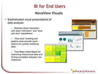 – Maintain direct interaction
with data (“drill-down” and “slice
and dice” capabilities)
– “One-click” charting and
graphic tools provide users
options for quickly modifying
data
– Tree Maps (Heat Maps) for
examining hierarchical data and
finding correlation between two
measures
• Sophisticated visual presentations of
data analysis:
BI for End Users
NovaView Visuals
 