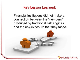 Key Lesson Learned:
Financial institutions did not make a
connection between the “numbers”
produced by traditional risk engines
and the risk exposure that they faced.
 