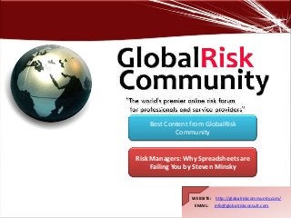 WEBSITE: http://globalriskcommunity.com/
EMAIL: info@globalriskconsult.com
Risk Managers: Why Spreadsheets are
Failing You by Steven Minsky
Best Content from GlobalRisk
Community
 