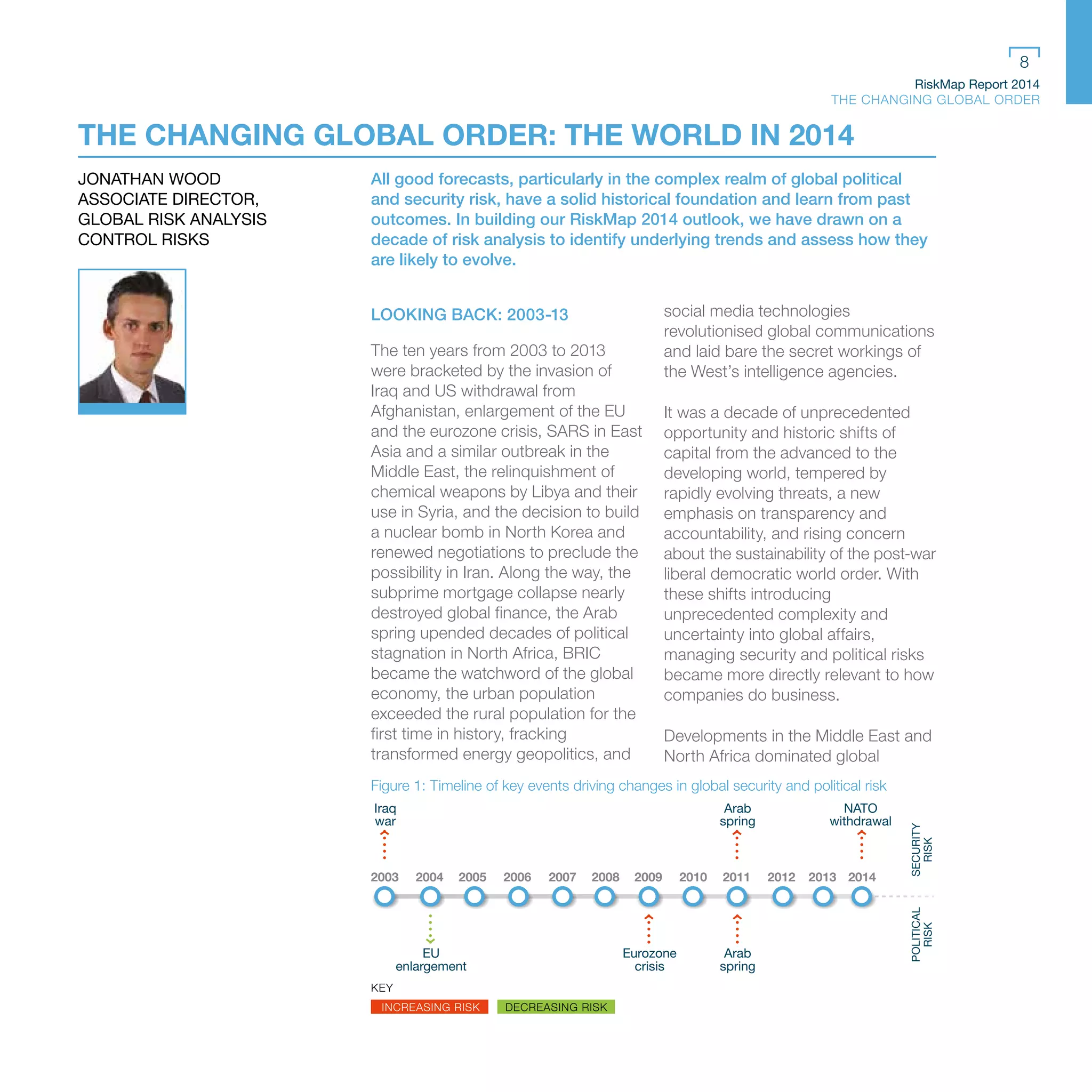 RiskMap Report 2014
THE CHANGING GLOBAL ORDER
8
All good forecasts, particularly in the complex realm of global political
and security risk, have a solid historical foundation and learn from past
outcomes. In building our RiskMap 2014 outlook, we have drawn on a
decade of risk analysis to identify underlying trends and assess how they
are likely to evolve.
LOOKING BACK: 2003-13
The ten years from 2003 to 2013
were bracketed by the invasion of
Iraq and US withdrawal from
Afghanistan, enlargement of the EU
and the eurozone crisis, SARS in East
Asia and a similar outbreak in the
Middle East, the relinquishment of
chemical weapons by Libya and their
use in Syria, and the decision to build
a nuclear bomb in North Korea and
renewed negotiations to preclude the
possibility in Iran. Along the way, the
subprime mortgage collapse nearly
destroyed global finance, the Arab
spring upended decades of political
stagnation in North Africa, BRIC
became the watchword of the global
economy, the urban population
exceeded the rural population for the
first time in history, fracking
transformed energy geopolitics, and
social media technologies
revolutionised global communications
and laid bare the secret workings of
the West’s intelligence agencies.
It was a decade of unprecedented
opportunity and historic shifts of
capital from the advanced to the
developing world, tempered by
rapidly evolving threats, a new
emphasis on transparency and
accountability, and rising concern
about the sustainability of the post-war
liberal democratic world order. With
these shifts introducing
unprecedented complexity and
uncertainty into global affairs,
managing security and political risks
became more directly relevant to how
companies do business.
Developments in the Middle East and
North Africa dominated global
THE CHANGING GLOBAL ORDER: THE WORLD IN 2014
JONATHAN WOOD
ASSOCIATE DIRECTOR,
GLOBAL RISK ANALYSIS
CONTROL RISKS
Figure 1: Timeline of key events driving changes in global security and political risk
2004 2005 2006 2007 2008 2009 2010 2011 2012 2013 20142003
Arab
spring
Eurozone
crisis
EU
enlargement
NATO
withdrawal
Arab
spring
Iraq
war
SECURITY
RISK
POLITICAL
RISK
KEY
INCREASING RISK DECREASING RISK
 
