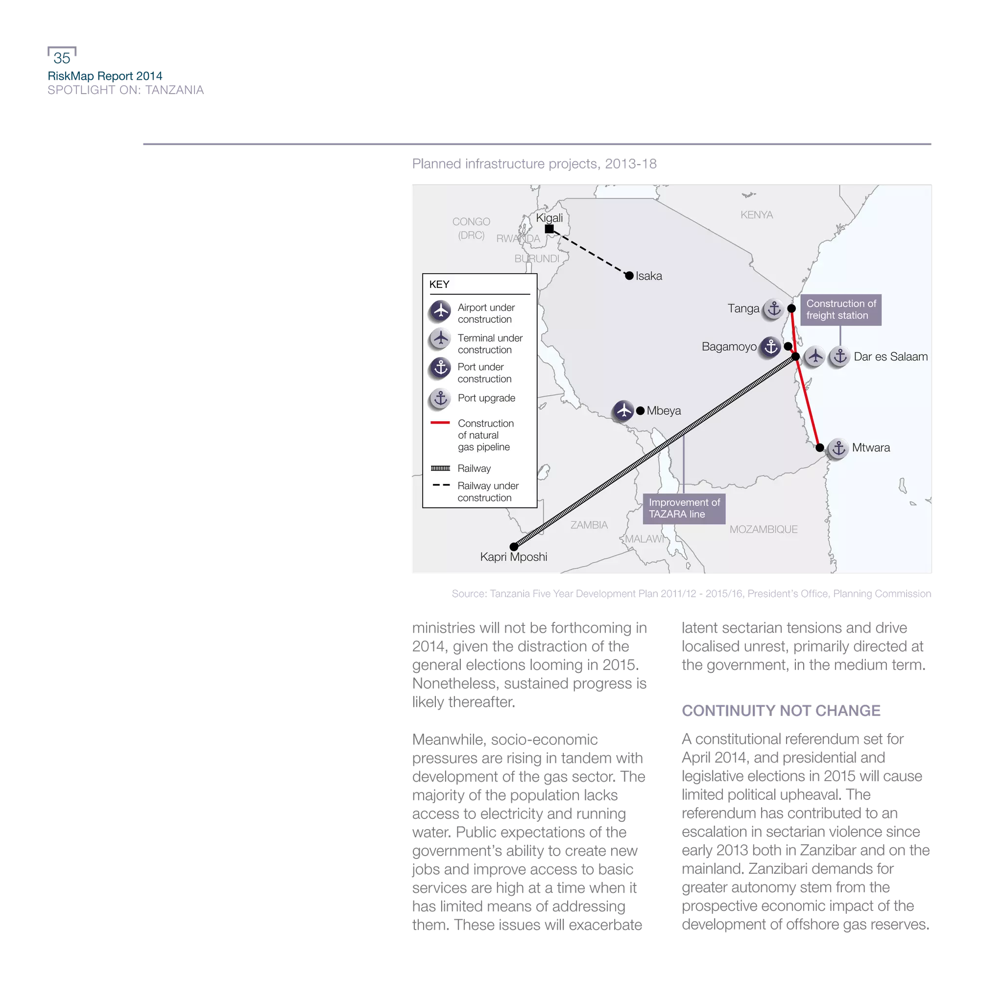 RiskMap Report 2014
SPOTLIGHT ON: TANZANIA
35
ministries will not be forthcoming in
2014, given the distraction of the
general elections looming in 2015.
Nonetheless, sustained progress is
likely thereafter.
Meanwhile, socio-economic
pressures are rising in tandem with
development of the gas sector. The
majority of the population lacks
access to electricity and running
water. Public expectations of the
government’s ability to create new
jobs and improve access to basic
services are high at a time when it
has limited means of addressing
them. These issues will exacerbate
latent sectarian tensions and drive
localised unrest, primarily directed at
the government, in the medium term.
CONTINUITY NOT CHANGE
A constitutional referendum set for
April 2014, and presidential and
legislative elections in 2015 will cause
limited political upheaval. The
referendum has contributed to an
escalation in sectarian violence since
early 2013 both in Zanzibar and on the
mainland. Zanzibari demands for
greater autonomy stem from the
prospective economic impact of the
development of offshore gas reserves.
Planned infrastructure projects, 2013-18
Improvement of
TAZARA line
Construction of
freight station
Mbeya
Kapri Mposhi
Isaka
Kigali
Mtwara
Tanga
Bagamoyo
Dar es Salaam
KENYA
CONGO
(DRC)
ZAMBIA MOZAMBIQUE
MALAWI
BURUNDI
RWANDA
KEY
Port under
construction
Port upgrade
Railway under
construction
Railway
Construction
of natural
gas pipeline
Terminal under
construction
Airport under
construction
Source: Tanzania Five Year Development Plan 2011/12 - 2015/16, President’s Office, Planning Commission
 
