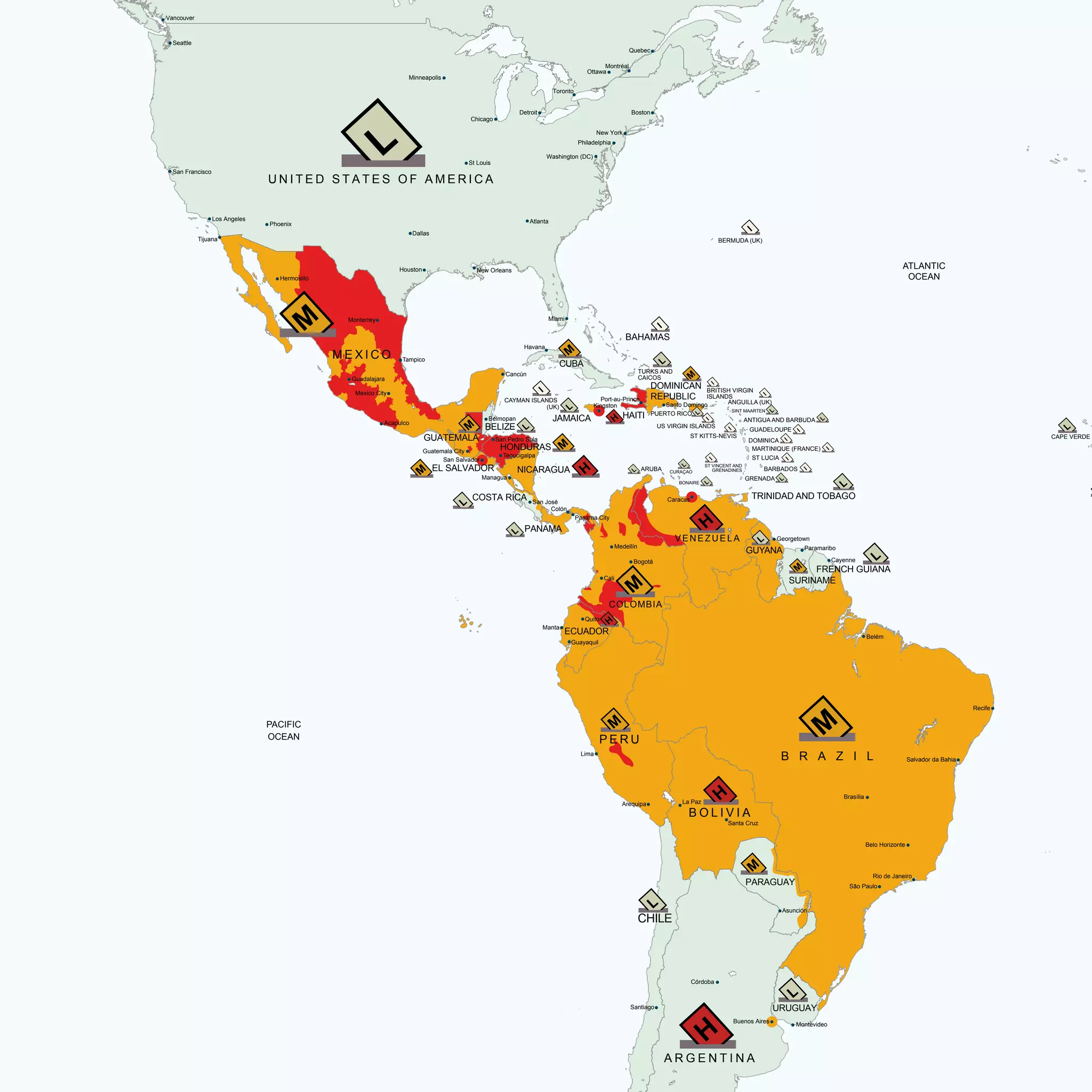 U N I T E D S T A T E S O F A M E R I C A
M E X I C O
BELIZE
GUATEMALA
EL SALVADOR
HONDURAS
NICARAGUA
COSTA RICA
PANAMA
CAYMAN ISLANDS
(UK)
JAMAICA
CUBA
BAHAMAS
TURKS AND
CAICOS
BERMUDA (UK)
HAITI
DOMINICAN
REPUBLIC
PUERTO RICO
BRITISH VIRGIN
ISLANDS
ANGUILLA (UK)
SINT MAARTEN
DOMINICA
US VIRGIN ISLANDS
ARUBA CURAÇAO
BONAIRE
ANTIGUA AND BARBUDA
GUADELOUPE
MARTINIQUE (FRANCE)
BARBADOS
ST VINCENT AND
GRENADINES
GRENADA
ST LUCIA
ST KITTS-NEVIS
TRINIDAD AND TOBAGO
FRENCH GUIANA
SURINAME
CHILE
A R G E N T I N A
PARAGUAY
URUGUAY
B R A Z I L
GUYANA
COLOMBIA
ECUADOR
P E R U
B O L I V I A
VENEZUELA
CAPE VERDE
PACIFIC
OCEAN
ATLANTIC
OCEAN
Córdoba
Vancouver
Seattle
San Francisco
Los Angeles
Tijuana
Phoenix
Minneapolis
Chicago
Detroit
Toronto
Montréal
Ottawa
Quebec
New York
Philadelphia
Washington (DC)
St Louis
Atlanta
Houston
Dallas
Hermosillo
Monterrey
Tampico
Guadalajara
Mexico City
Acapulco
Cancún
Miami
Havana
Kingston
Port-au-Prince
Santo Domingo
Belmopan
Guatemala City
San Salvador
San Pedro Sula
Tegucigalpa
Managua
San José
Panama City
Colón
Cali
Bogotá
Medellín
Caracas
Georgetown
Paramaribo
Cayenne
Belém
Guayaquil
Manta
Quito
Lima
Arequipa La Paz
Santa Cruz
Asunción
Santiago
Buenos Aires
Montevideo
Recife
Belo Horizonte
São Paulo
Rio de Janeiro
Brasília
Salvador da Bahia
Boston
New Orleans
 