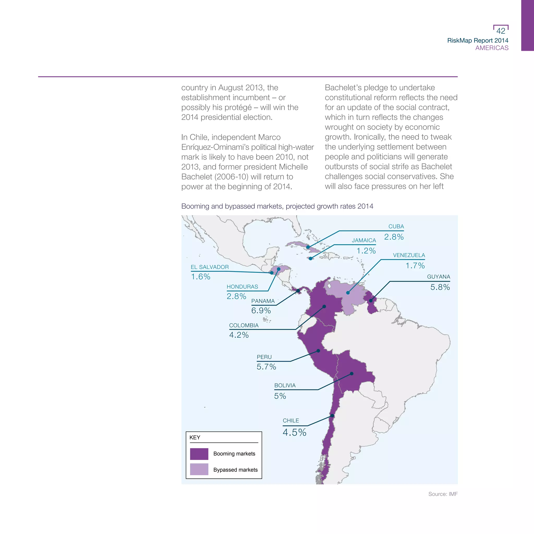 RiskMap Report 2014
AMERICAS
42
country in August 2013, the
establishment incumbent – or
possibly his protégé – will win the
2014 presidential election.
In Chile, independent Marco
Enríquez-Ominami’s political high-water
mark is likely to have been 2010, not
2013, and former president Michelle
Bachelet (2006-10) will return to
power at the beginning of 2014.
Bachelet’s pledge to undertake
constitutional reform reflects the need
for an update of the social contract,
which in turn reflects the changes
wrought on society by economic
growth. Ironically, the need to tweak
the underlying settlement between
people and politicians will generate
outbursts of social strife as Bachelet
challenges social conservatives. She
will also face pressures on her left
Source: IMF
GREENLAND
PERU
COLOMBIA
GUYANA
VENEZUELA
JAMAICA
CUBA
BOLIVIA
CHILE
5.7%
4.2%
5.8%
1.7%
5%
4.5%
PANAMA
6.9%
EL SALVADOR
1.6%
1.2%
2.8%
HONDURAS
2.8%
KEY
Booming markets
Bypassed markets
Booming and bypassed markets, projected growth rates 2014
 