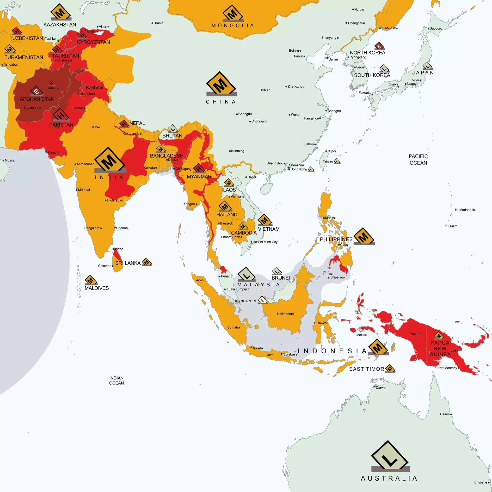 MYANMAR
Guam
N. Mariana Is.
MALDIVES
SRI LANKA
PAKISTAN
AFGHANISTAN
UZBEKISTAN
TAJIKISTAN
KYRGYZSTAN
I N D I A
NEPAL
BHUTAN
BANGLADESH
THAILAND
LAOS
CAMBODIA
VIETNAM
M A L A Y S I A
BRUNEI
I N D O N E S I A
PHILIPPINES
EAST TIMOR
Papua
PAPUA
NEW
GUINEA
A U S T R A L I A
C H I N A
Taiwan
J A P A N
SOUTH KOREA
NORTH KOREA
M O N G O L I A
SINGAPORE
Aceh
Sumatra
Java
Sulawesi
Maluku
Kalimantan
Sulu
archipelago
INDIAN
OCEAN
PACIFIC
OCEAN
Kashmir
Ashgabat
Tashkent
Bishkek
Almaty
Dushanbe
Kabul
Kandahar
Islamabad
Lahore
Karachi
Delhi
Ahmedabad
Mumbai
Hyderabad
Bangalore Chennai
Jaffna
Colombo
Kolkata Chittagong
Dhaka
Kathmandu
Yangon
Vientiane
Hanoi
Kunming
Bangkok
Phnom Penh
Ho Chi Minh City
Kuala Lumpur
Penang
Jakarta
Surabaya
Manila
Cebu
Darwin
Cairns
Brisbane
Port Moresby
Lae
Guangzhou
Taipei
Fuzhou
Shanghai
Wuhan
Chongqing
Chengdu
Xi’an
Zhengzhou
Tianjin
Beijing
Dalian
Changchun
Harbin
Vladivostok Sapporo
Tokyo
NagoyaOsaka
Fukuoka
Seoul
Pyongyang
Hangzhou
Shenyang
Urumqi
Muscat
Hong Kong
Shenzhen
TURKMENISTAN
KAZAKHSTAN
 