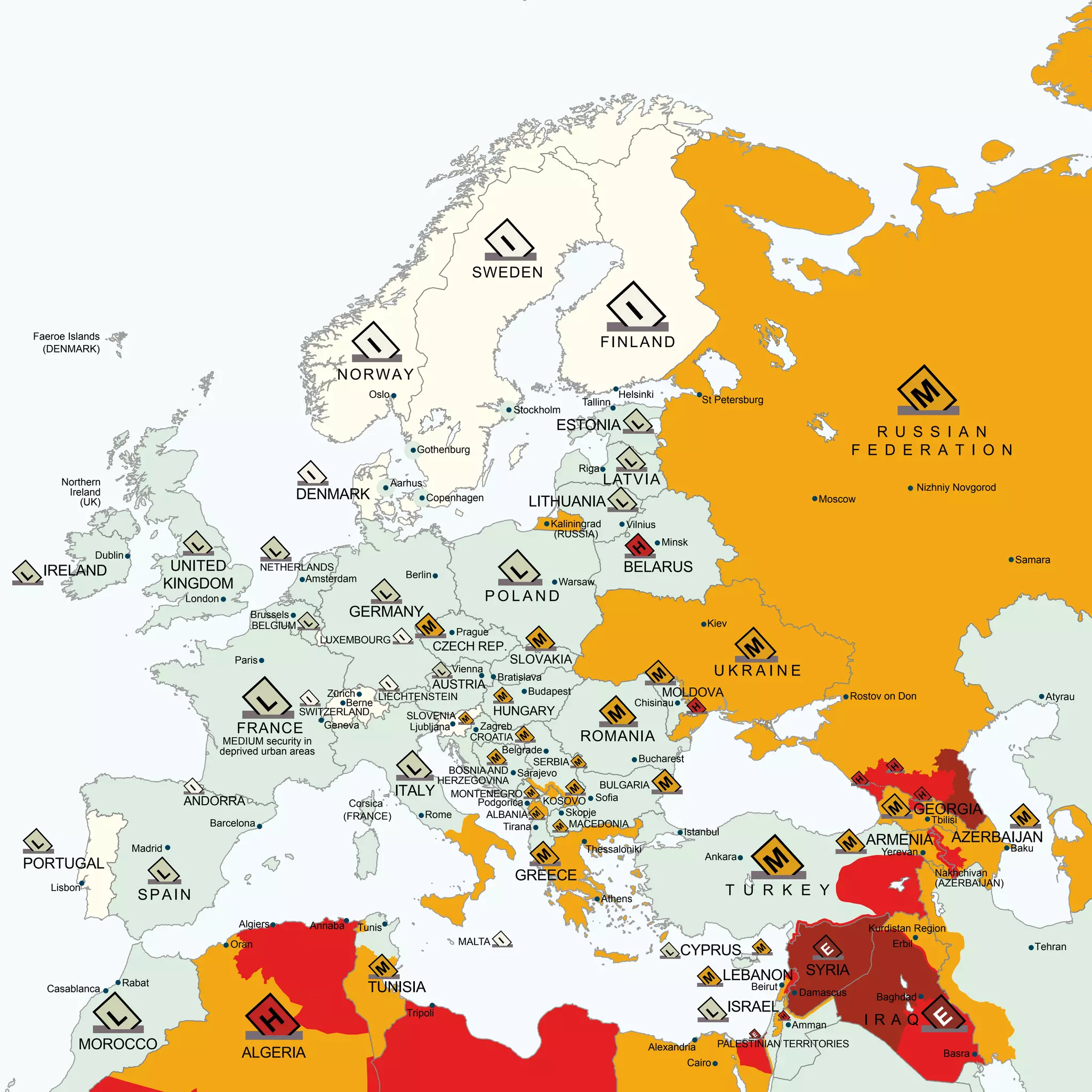 ANDORRA
Faeroe Islands
(DENMARK)
Northern
Ireland
(UK)
IRELAND
NORWAY
FINLAND
DENMARK
PORTUGAL
SPAIN
FRANCE
Corsica
(FRANCE)
SWITZERLAND
LIECHTENSTEIN
NETHERLANDS
BELGIUM
LUXEMBOURG
GERMANY
MALTA
ITALY
GREECE
ALBANIA
MACEDONIA
KOSOVO
MONTENEGRO
BOSNIAAND
HERZEGOVINA BULGARIA
CROATIA
SLOVENIA
SERBIA
AUSTRIA
HUNGARY
CZECH REP.
SLOVAKIA
P O L A N D
ROMANIA
MOLDOVA
U K R A I N E
BELARUS
LITHUANIA
LATVIA
ESTONIA
T U R K E Y
GEORGIA
ARMENIA AZERBAIJAN
Nakhchivan
(AZERBAIJAN)
CYPRUS
SYRIALEBANON
ISRAEL
PALESTINIAN TERRITORIES
TUNISIA
MOROCCO
I R A Q
SWEDEN
UNITED
KINGDOM
MEDIUM security in
deprived urban areas
Zürich
Dublin
London
Amsterdam
Brussels
Berlin
Oslo
Gothenburg
Aarhus
Copenhagen
Stockholm
Helsinki
Tallinn
Riga
VilniusKaliningrad
(RUSSIA)
Minsk
Warsaw
St Petersburg
Prague
Bratislava
Vienna
Berne
Geneva
Paris
Barcelona
Madrid
Lisbon
Rome
Budapest
Ljubljana Zagreb
Sarajevo
Podgorica
Tirana
Athens
Thessaloniki
Istanbul
Ankara
Kiev
Tbilisi
Yerevan Baku
Rostov on Don Atyrau
Samara
Moscow
Nizhniy Novgorod
Tehran
Baghdad
Basra
Erbil
Amman
Cairo
Alexandria
Tripoli
TunisAlgiers Annaba
Oran
Rabat
Casablanca
Belgrade
Bucharest
Skopje
Sofia
Chisinau
Damascus
Beirut
Kurdistan Region
ALGERIA
R U S S I A N
F E D E R A T I O N
 