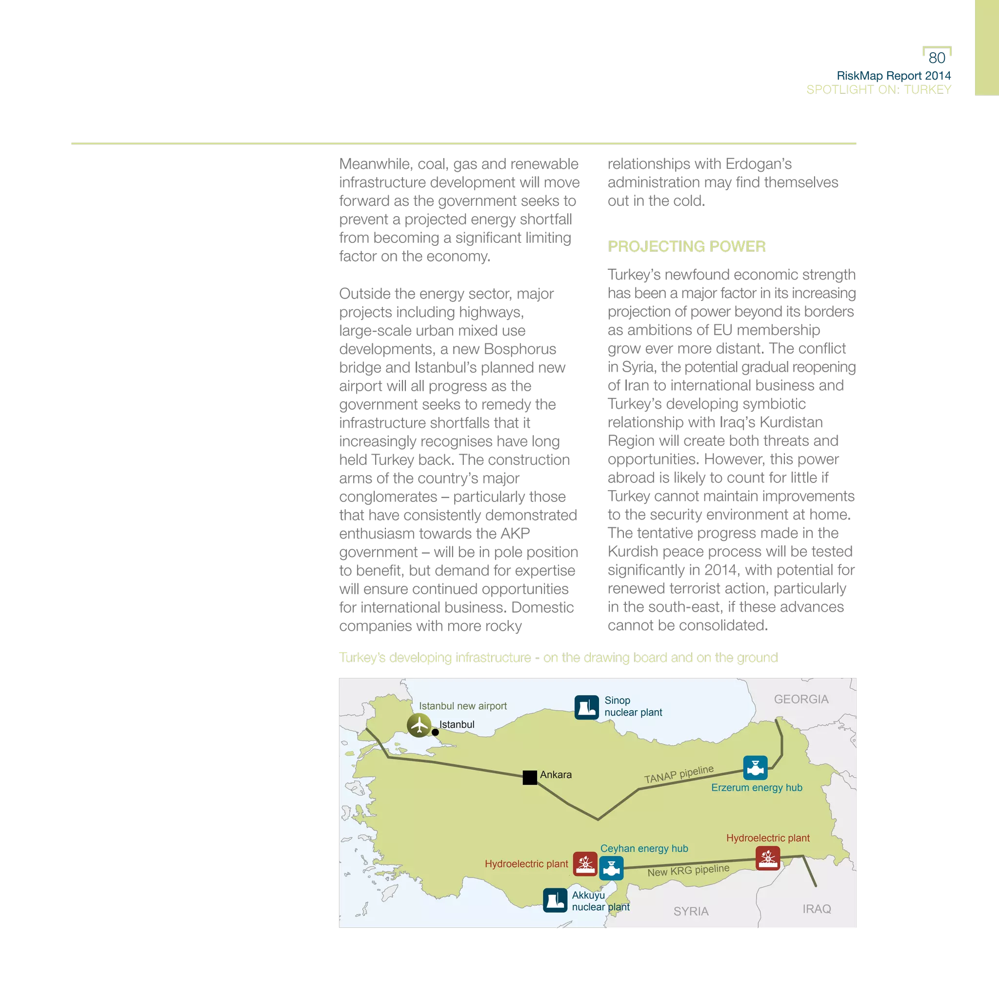 RiskMap Report 2014
SPOTLIGHT ON: TURKEY
80
Meanwhile, coal, gas and renewable
infrastructure development will move
forward as the government seeks to
prevent a projected energy shortfall
from becoming a significant limiting
factor on the economy.
Outside the energy sector, major
projects including highways,
large-scale urban mixed use
developments, a new Bosphorus
bridge and Istanbul’s planned new
airport will all progress as the
government seeks to remedy the
infrastructure shortfalls that it
increasingly recognises have long
held Turkey back. The construction
arms of the country’s major
conglomerates – particularly those
that have consistently demonstrated
enthusiasm towards the AKP
government – will be in pole position
to benefit, but demand for expertise
will ensure continued opportunities
for international business. Domestic
companies with more rocky
relationships with Erdogan’s
administration may find themselves
out in the cold.
PROJECTING POWER
Turkey’s newfound economic strength
has been a major factor in its increasing
projection of power beyond its borders
as ambitions of EU membership
grow ever more distant. The conflict
in Syria, the potential gradual reopening
of Iran to international business and
Turkey’s developing symbiotic
relationship with Iraq’s Kurdistan
Region will create both threats and
opportunities. However, this power
abroad is likely to count for little if
Turkey cannot maintain improvements
to the security environment at home.
The tentative progress made in the
Kurdish peace process will be tested
significantly in 2014, with potential for
renewed terrorist action, particularly
in the south-east, if these advances
cannot be consolidated.
Turkey’s developing infrastructure - on the drawing board and on the ground
Ankara
Sinop
nuclear plant
Akkuyu
nuclear plant
Hydroelectric plant
Hydroelectric plant
Erzerum energy hub
Ceyhan energy hub
Istanbul new airport
TANAP pipeline
New KRG pipeline
Istanbul
IRAQSYRIA
GEORGIA
 