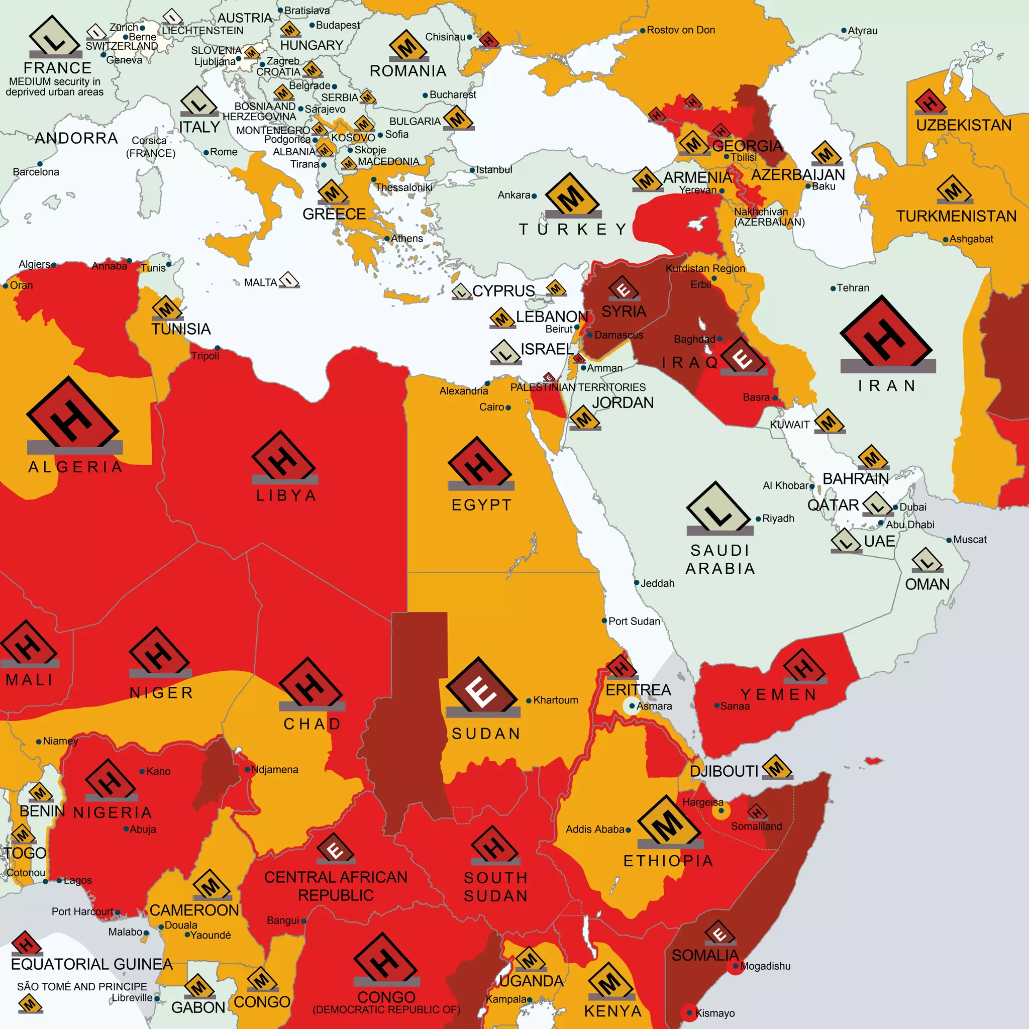 FRANCE
Corsica
(FRANCE)
SWITZERLAND
LIECHTENSTEIN
MALTA
ITALY
GREECE
ALBANIA
MACEDONIA
KOSOVO
MONTENEGRO
BOSNIAAND
HERZEGOVINA BULGARIA
CROATIA
SLOVENIA
SERBIA
AUSTRIA
HUNGARY
ROMANIA
T U R K E Y
GEORGIA
ARMENIA AZERBAIJAN
Nakhchivan
(AZERBAIJAN)
CYPRUS
SYRIALEBANON
JORDAN
ISRAEL
PALESTINIAN TERRITORIES
EGYPT
L I B Y A
TUNISIA
A L G E R I A
TOGO
BENIN
N I G E R
N I G E R I A
C H A D
S U D A N
SOUTH
SUDAN
CENTRAL AFRICAN
REPUBLIC
CAMEROON
EQUATORIAL GUINEA
SÃO TOMÉ AND PRINCIPE
GABON CONGO CONGO
(DEMOCRATIC REPUBLIC OF)
UGANDA
KENYA
ERITREA
E T H I O P I A
DJIBOUTI
Somaliland
SOMALIA
Y E M E N
S A U D I
A R A B I A
OMAN
UAE
QATAR
BAHRAIN
KUWAIT
I R A Q
I R A N
TURKMENISTAN
MEDIUM security in
deprived urban areas
Zürich
Bratislava
Berne
Geneva
Barcelona
Rome
Budapest
Ljubljana Zagreb
Sarajevo
Podgorica
Tirana
Athens
Thessaloniki
Istanbul
Ankara
Tbilisi
Yerevan Baku
Rostov on Don Atyrau
Ashgabat
Tehran
Baghdad
Basra
Erbil
Amman
Cairo
Alexandria
Tripoli
TunisAlgiers Annaba
Oran
Muscat
Abu Dhabi
Dubai
Al Khobar
Riyadh
Jeddah
Port Sudan
SanaaAsmara
Hargeisa
Khartoum
Addis Ababa
NdjamenaKano
Lagos
Port Harcourt
Niamey
Cotonou
Malabo
Douala
Yaoundé
Libreville
Bangui
Kampala
Mogadishu
Kismayo
Belgrade
Bucharest
Skopje
Sofia
Chisinau
Damascus
Beirut
Abuja
Kurdistan Region
UZBEKISTAN
ANDORRA
M A L I
 