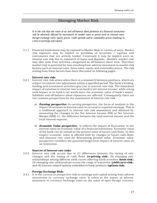 Managing market risk
____________________________________________________________________________________________________________



                                   Managing Market Risk

         It is the risk that the value of on and off-balance sheet positions of a financial institution
         will be adversely affected by movements in market rates or prices such as interest rates,
         foreign exchange rates, equity prices, credit spreads and/or commodity prices resulting in
         a loss to earnings and capital.


3.1.1    Financial institutions may be exposed to Market Risk in variety of ways. Market
         risk exposure may be explicit in portfolios of securities / equities and
         instruments that are actively traded. Conversely it may be implicit such as
         interest rate risk due to mismatch of loans and deposits. Besides, market risk
         may also arise from activities categorized as off-balance sheet item. Therefore
         market risk is potential for loss resulting from adverse movement in market risk
         factors such as interest rates, forex rates, equity and commodity prices. The risk
         arising from these factors have been discussed on following pages.

         Interest rate risk:
3.2.1    Interest rate risk arises when there is a mismatch between positions, which are
         subject to interest rate adjustment within a specified period. The bank’s lending,
         funding and investment activities give rise to interest rate risk. The immediate
         impact of variation in interest rate is on bank’s net interest income, while a long
         term impact is on bank’s net worth since the economic value of bank’s assets,
         liabilities and off-balance sheet exposures are affected. Consequently there are
         two common perspectives for the assessment of interest rate risk

           a) Earning perspective: In earning perspective, the focus of analysis is the
              impact of variation in interest rates on accrual or re ported earnings. This is
              a traditional approach to interest rate risk assessment and obtained by
              measuring the changes in the Net Interest Income (NII) or Net Interest
              Margin (NIM) i.e. the difference between the total interest income and the
              total interest expense.

           b) Economic Value perspective: It reflects the impact of fluctuation in the
              interest rates on economic value of a financial institution. Economic value
              of the bank can be viewed as the present value of future cash flows. In this
              respect economic value is affected both by changes in future cash flows
              and discount rate used for determining present value. Economic value
              perspective considers the potential longer-term impact of interest rates on
              an institution.

         Sources of interest rate risks:
3.2.2    Intere st rate risk occurs due to (1) differences between the timing of rate
         changes and the timing of cash flows (re-pricing risk); (2) changing rate
         relationships among different yield curves effecting bank activities (basis risk);
         (3) changing rate relationshi ps across the range of maturities (yield curve risk);
         and (4) interest-related options embedded in bank products (options risk).

         Foreign Exchange Risk:
3.3.1    It is the current or prospective risk to earnings and capital arising from adverse
         movements in currency exchange rates. It refers to the impact of adverse
         movement in currency exchange rates on the value of open foreign currency



                                                                                                          17
 