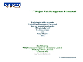 IT Project Risk Management Framework The following slides present a  Project Risk Management Framework that can be used to categorize IT Projects by both Business Impact and Project Factor Risk Roelf Woldring WCI (Workplace Competence International Limited) Hillsburgh, Ontario, Canada © 2007 to 2010 www.wciltd.com 