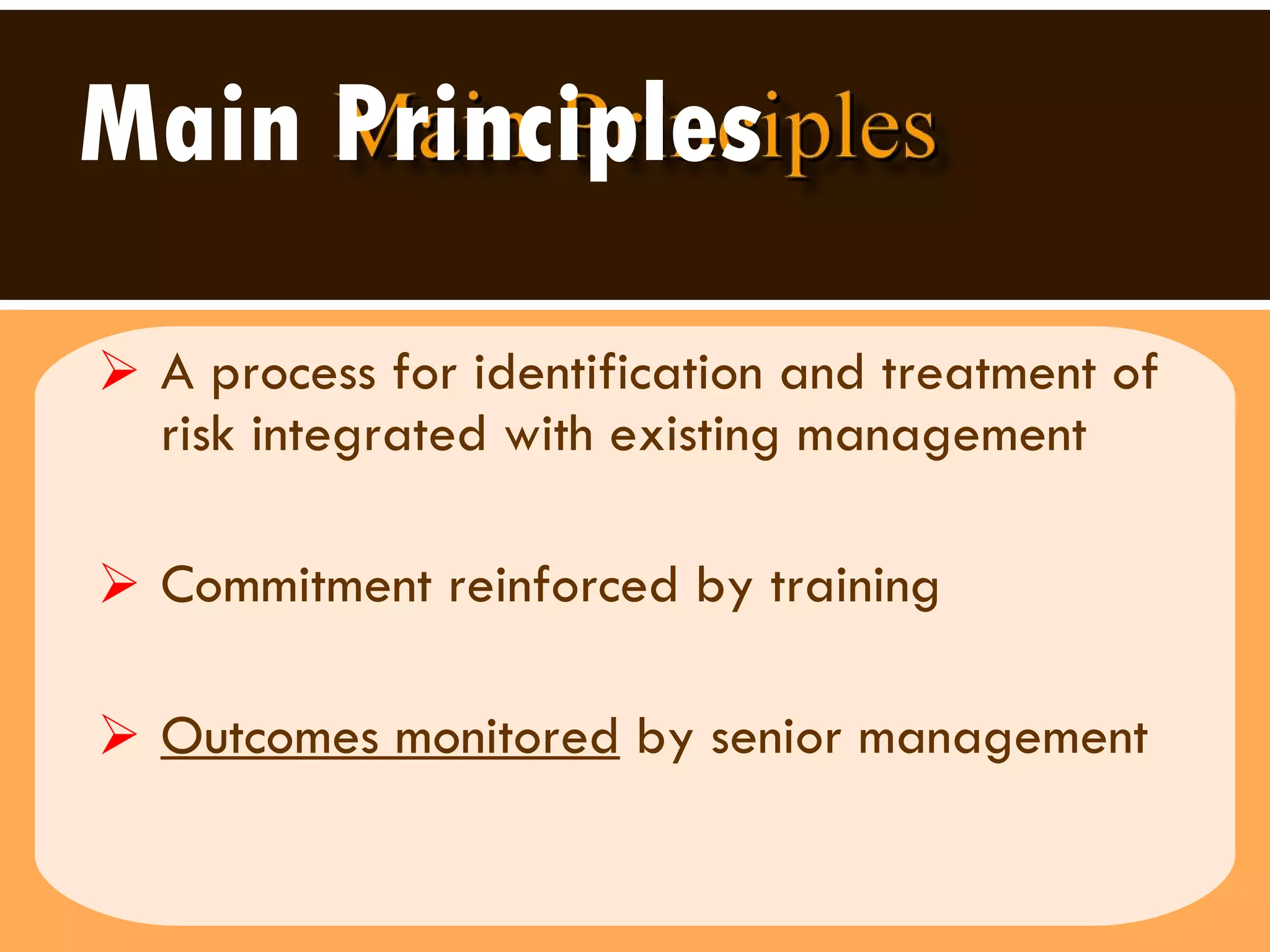 Main Principles   A process for identification and treatment of risk integrated with existing management Commitment reinforced by training Outcomes monitored  by senior management 