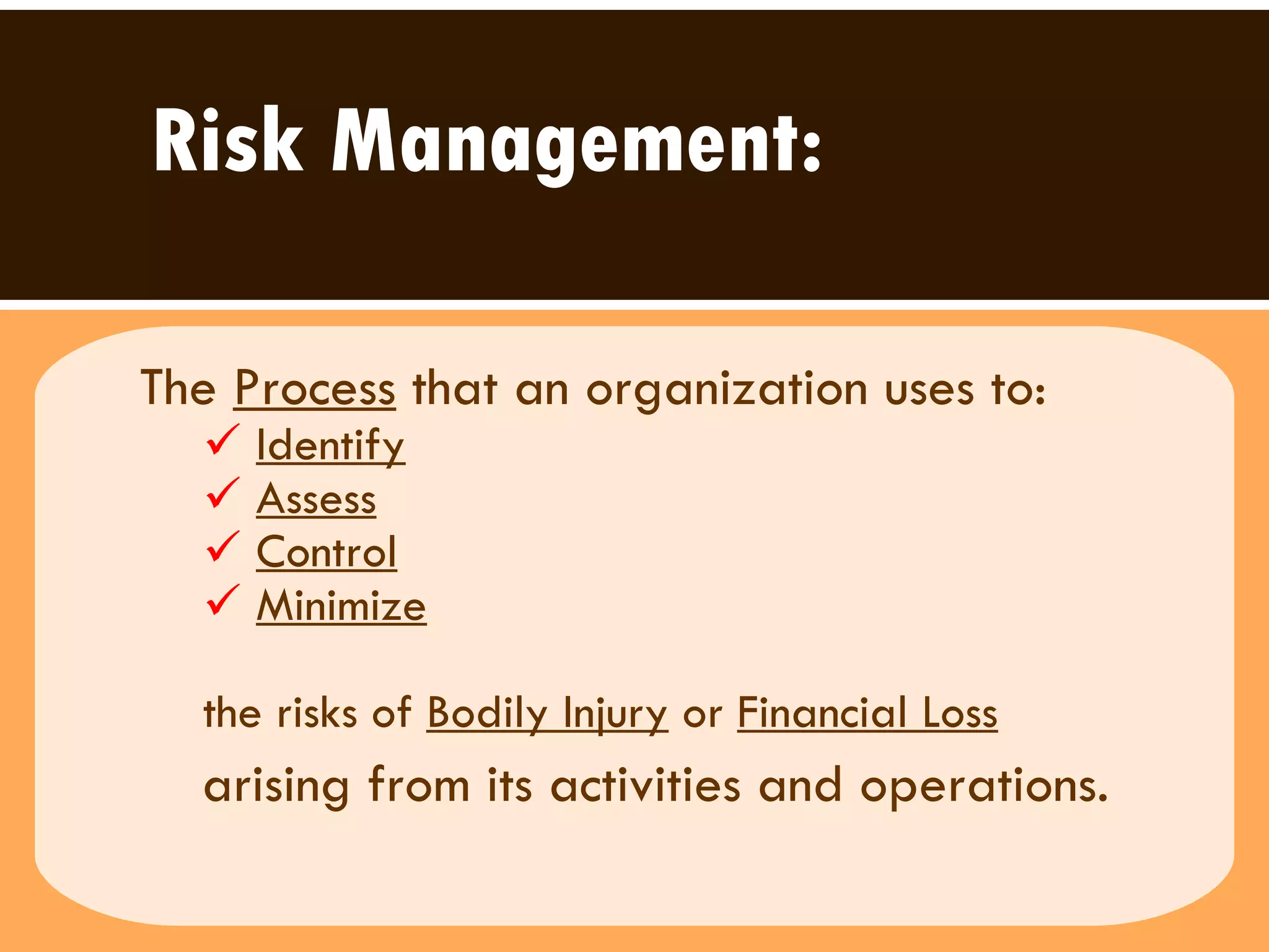 The  Process  that an organization uses to:  Identify Assess Control   Minimize the risks of  Bodily Injury  or  Financial Loss   arising from its activities and operations.  Risk Management: 