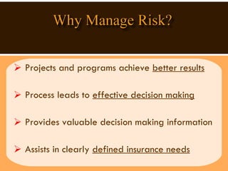 Projects and programs achieve  better results   Process leads to  effective decision making Provides valuable decision making information Assists in clearly  defined insurance needs 