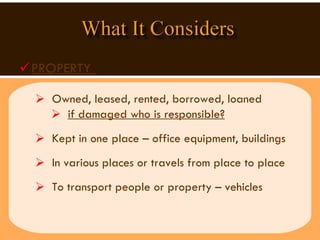 PROPERTY  Owned, leased, rented, borrowed, loaned  if damaged who is responsible?   Kept in one place – office equipment, buildings  In various places or travels from place to place To transport people or property – vehicles  