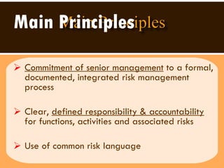 Main Principles   Commitment of senior management  to a formal, documented, integrated risk management process Clear,  defined responsibility & accountability  for functions, activities and associated risks Use of common risk language 