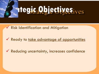 Strategic Objectives Risk Identification and Mitigation Ready to  take advantage of opportunities Reducing uncertainty, increases confidence  