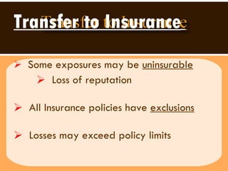 Transfer to Insurance   Some exposures may be  uninsurable   Loss of reputation  All Insurance policies have  exclusions Losses may exceed policy limits  
