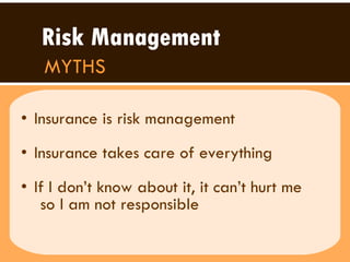 Insurance is risk management Insurance takes care of everything If I don’t know about it, it can’t hurt me so I am not responsible  Risk Management MYTHS 