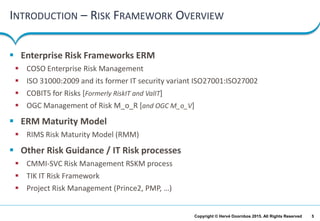5Copyright © Hervé Doornbos 2015. All Rights Reserved
INTRODUCTION – RISK FRAMEWORK OVERVIEW
 Enterprise Risk Frameworks ERM
 COSO Enterprise Risk Management
 ISO 31000:2009 and its former IT security variant ISO27001:ISO27002
 COBIT5 for Risks [Formerly RiskIT and ValIT]
 OGC Management of Risk M_o_R [and OGC M_o_V]
 ERM Maturity Model
 RIMS Risk Maturity Model (RMM)
 Other Risk Guidance / IT Risk processes
 CMMI-SVC Risk Management RSKM process
 TIK IT Risk Framework
 Project Risk Management (Prince2, PMP, …)
 