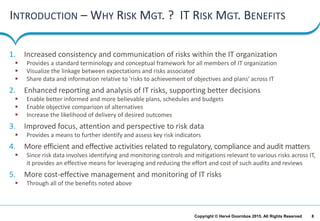 8Copyright © Hervé Doornbos 2015. All Rights Reserved
INTRODUCTION – WHY RISK MGT. ? IT RISK MGT. BENEFITS
1. Increased consistency and communication of risks within the IT organization
 Provides a standard terminology and conceptual framework for all members of IT organization
 Visualize the linkage between expectations and risks associated
 Share data and information relative to 'risks to achievement of objectives and plans' across IT
2. Enhanced reporting and analysis of IT risks, supporting better decisions
 Enable better informed and more believable plans, schedules and budgets
 Enable objective comparison of alternatives
 Increase the likelihood of delivery of desired outcomes
3. Improved focus, attention and perspective to risk data
 Provides a means to further identify and assess key risk indicators
4. More efficient and effective activities related to regulatory, compliance and audit matters
 Since risk data involves identifying and monitoring controls and mitigations relevant to various risks across IT,
it provides an effective means for leveraging and reducing the effort and cost of such audits and reviews
5. More cost-effective management and monitoring of IT risks
 Through all of the benefits noted above
 