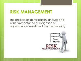 RISK MANAGEMENT
The process of identification, analysis and
either acceptance or mitigation of
uncertainty in investment decision-making.
 