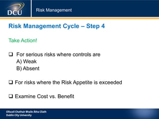 Risk Management
Risk Management Cycle – Step 4
Take Action!
 For serious risks where controls are
A) Weak
B) Absent
 For risks where the Risk Appetite is exceeded
 Examine Cost vs. Benefit
 