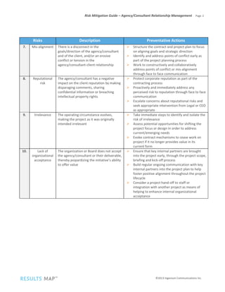 Risk Mitigation Guide – Agency/Consultant Relationship Management    Page 2 
 
                                                                    ©2013 Ingenium Communications Inc. 
 
 
Risks  Description  Preventative Actions 
7.  Mis‐alignment  There is a disconnect in the 
goals/direction of the agency/consultant 
and of the client, and/or an erosive 
conflict or tension in the 
agency/consultant‐client relationship 
Structure the contract and project plan to focus 
on aligning goals and strategic direction 
Identify and address points of conflict early as 
part of the project planning process 
Work to constructively and collaboratively 
address points of conflict or mis‐alignment 
through face to face communication 
8.  Reputational 
risk 
The agency/consultant has a negative 
impact on the client reputation by making 
disparaging comments, sharing 
confidential information or breaching 
intellectual property rights 
Protect corporate reputation as part of the 
contracting process 
Proactively and immediately address any 
perceived risk to reputation through face to face 
communication 
Escalate concerns about reputational risks and 
seek appropriate intervention as appropriate 
9.  Irrelevance  The operating circumstance evolves, 
making the project as it was originally 
intended irrelevant 
Take immediate steps to identify and isolate the 
risk of irrelevance 
Assess potential opportunities for shifting the 
project focus or design in order to address 
current/emerging needs 
Evoke contract mechanisms to cease work on 
project if it no longer provides value in its 
current form 
10.  Lack of 
organizational 
acceptance 
The organization or Board does not accept 
the agency/consultant or their deliverable, 
thereby jeopardizing the initiative’s ability 
to offer value 
Ensure that key internal partners are brought 
into the project early, through the project scope, 
briefing and kick‐off process 
Build regular ongoing communication with key 
internal partners into the project plan to help 
foster positive alignment throughout the project 
lifecycle 
Consider a project hand‐off to staff or 
integration with another project as means of 
helping to enhance internal organizational 
acceptance 
 
 