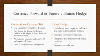Currency Forward or Future v Islamic Hedge 
Conventional Currency Risk 
• Use Currency Forwards of Futures. 
• Buy future for Euros for Future 
Dollars at $1.45 per 1 Euro from an 
investment bank. 
• At maturity, importer delivers $1.45 
and receives 1 Euro. 
• Euro is then delivered to exporter. 
Islamic Hedge 
• Bank buys from exporter in Euros 
and sells to importer in dollars. 
• Replaces Currency Forwards. 
• Integrates risk transfer with value-creation. 
• Prevents speculation. 
 