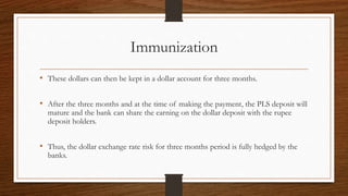 Immunization 
• These dollars can then be kept in a dollar account for three months. 
• After the three months and at the time of making the payment, the PLS deposit will 
mature and the bank can share the earning on the dollar deposit with the rupee 
deposit holders. 
• Thus, the dollar exchange rate risk for three months period is fully hedged by the 
banks. 
 