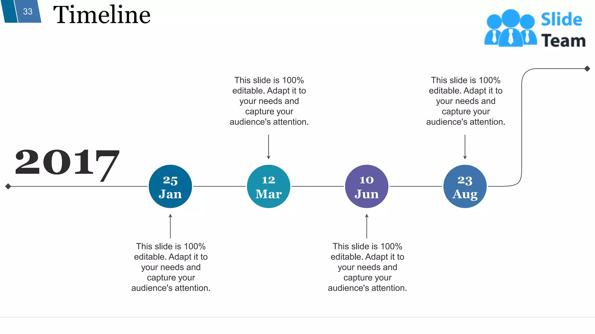 Timeline
33
2017 25
Jan
This slide is 100%
editable. Adapt it to
your needs and
capture your
audience's attention.
10
Jun
This slide is 100%
editable. Adapt it to
your needs and
capture your
audience's attention.
12
Mar
This slide is 100%
editable. Adapt it to
your needs and
capture your
audience's attention.
23
Aug
This slide is 100%
editable. Adapt it to
your needs and
capture your
audience's attention.
 