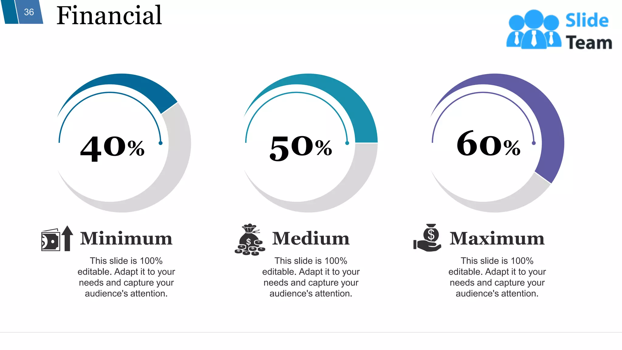 Financial
36
40%
This slide is 100%
editable. Adapt it to your
needs and capture your
audience's attention.
Minimum
50%
This slide is 100%
editable. Adapt it to your
needs and capture your
audience's attention.
Medium
60%
This slide is 100%
editable. Adapt it to your
needs and capture your
audience's attention.
Maximum
 
