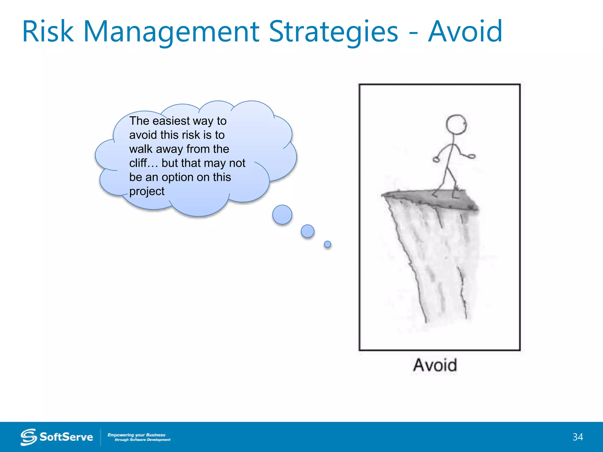 Risk Management Strategies - Avoid
34
The easiest way to
avoid this risk is to
walk away from the
cliff… but that may not
be an option on this
project
 