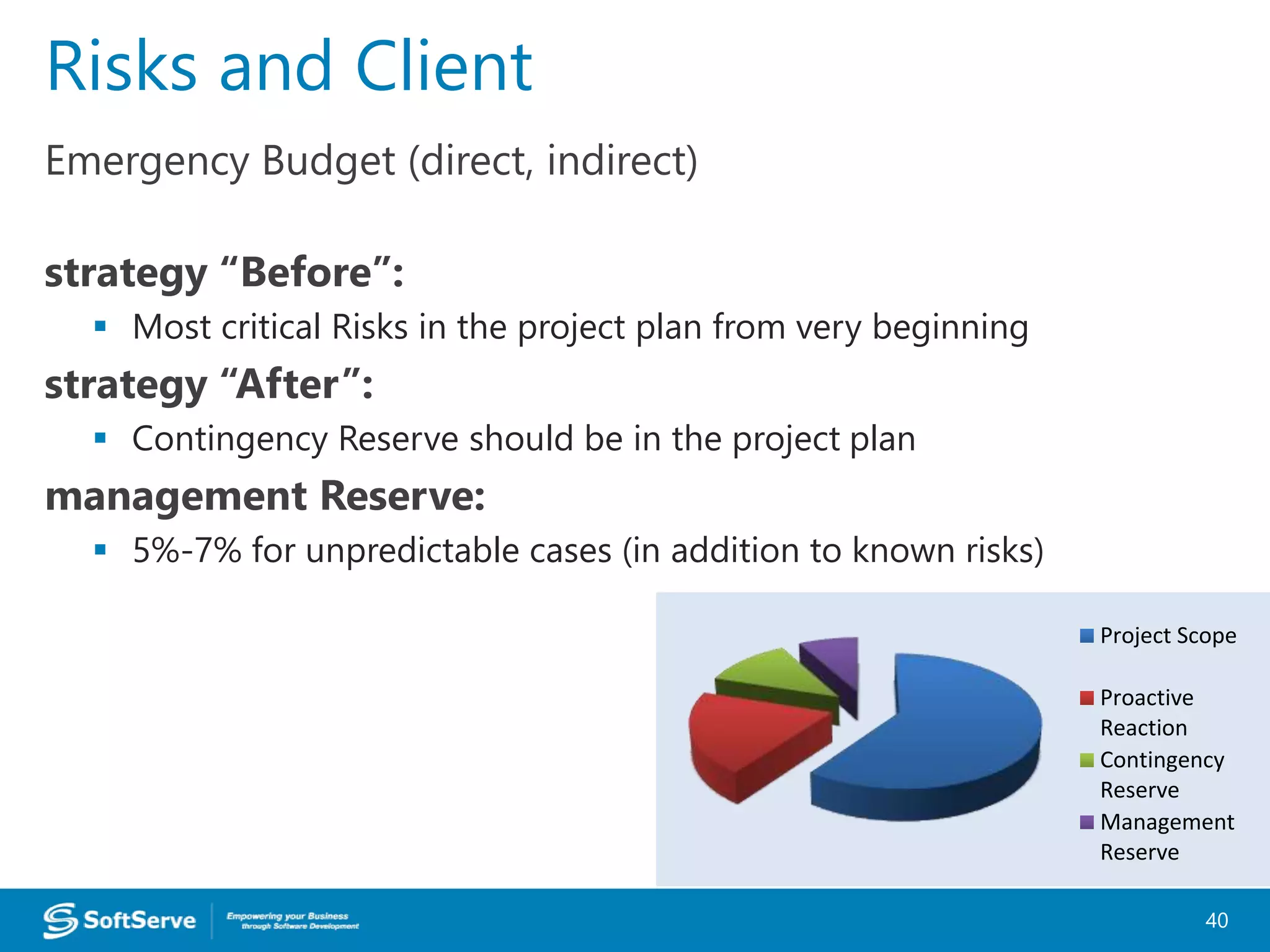 Emergency Budget (direct, indirect)
strategy “Before”:
 Most critical Risks in the project plan from very beginning
strategy “After”:
 Contingency Reserve should be in the project plan
management Reserve:
 5%-7% for unpredictable cases (in addition to known risks)
Risks and Client
40
Project Scope
Proactive
Reaction
Contingency
Reserve
Management
Reserve
 