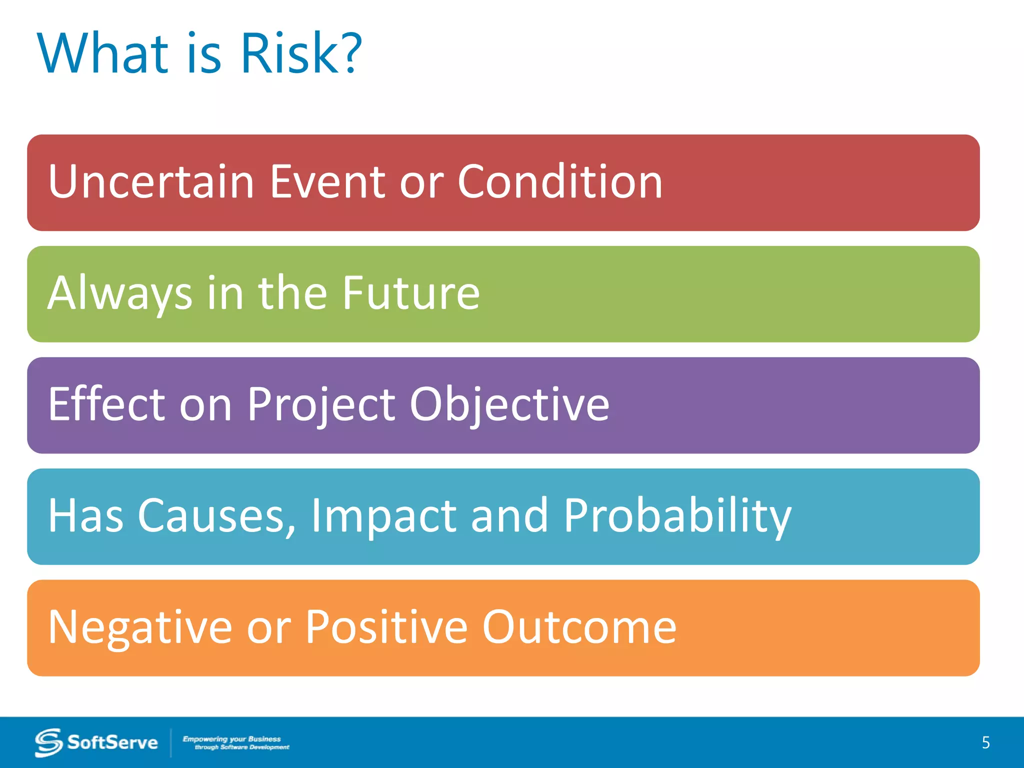 What is Risk?
5
Uncertain Event or Condition
Always in the Future
Effect on Project Objective
Has Causes, Impact and Probability
Negative or Positive Outcome
 