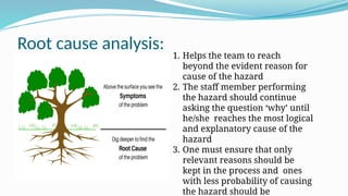 Root cause analysis:
1. Helps the team to reach
beyond the evident reason for
cause of the hazard
2. The staff member performing
the hazard should continue
asking the question ‘why’ until
he/she reaches the most logical
and explanatory cause of the
hazard
3. One must ensure that only
relevant reasons should be
kept in the process and ones
with less probability of causing
the hazard should be
 