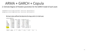 ARMA + GARCH + Copula
10
2. Estimate Degree-of-freedom parameters for the GARCH model of each asset:
gshapeTech<-unlist(lapply(gfitTech, function(x) x@fit$coef[6]))
gshapeInsu<-unlist(lapply(gfitInsu, function(x) x@fit$coef[6]))
We have to take coefficient that determine the shape, which is 6 in both cases:
 