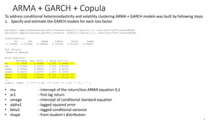 ARMA + GARCH + Copula
9
To address conditional heteroscedasticity and volatility clustering ARMA + GARCH models was built by following steps
1. Specify and estimate the GARCH models for each loss factor.
gfitTech<-lapply(TechLoss,garchFit,formula=~arma(0,1)+garch(1,1), cond.dist="std",trace=FALSE)
gfitInsu<-lapply(Insuloss,garchFit,formula= ~arma(0,1)+garch(1,1), cond.dist="std",trace=FALSE)
Coefficient(s):
mu ma1 omega alpha1 beta1 shape
-0.176586 0.014660 0.094656 0.041029 0.915025 3.299001
Std. Errors:
based on Hessian
Error Analysis:
Estimate Std. Error t value Pr(>|t|)
mu -0.17659 0.06840 -2.582 0.00983 **
ma1 0.01466 0.06312 0.232 0.81633
omega 0.09466 0.08825 1.073 0.28347
alpha1 0.04103 0.02797 1.467 0.14245
beta1 0.91502 0.05540 16.516 < 2e-16 ***
shape 3.29900 0.69503 4.747 2.07e-06 ***
---
Signif. codes: 0 *** 0.001 ** 0.01 * 0.05 . 0.1   1
? mu - intercept of the return/loss ARMA equation 0,1
? ar1 - first lag return
? omega - intercept of conditional standard equation
? alpha1 - lagged squared error
? beta1 - lagged conditional variance
? shape - from student t distribution
 