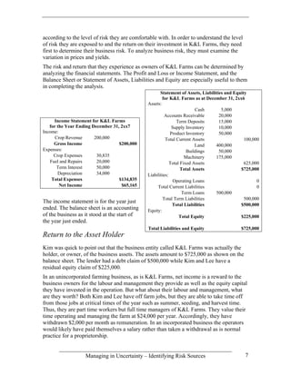 according to the level of risk they are comfortable with. In order to understand the level
of risk they are exposed to and the return on their investment in K&L Farms, they need
first to determine their business risk. To analyze business risk, they must examine the
variation in prices and yields.
The risk and return that they experience as owners of K&L Farms can be determined by
analyzing the financial statements. The Profit and Loss or Income Statement, and the
Balance Sheet or Statement of Assets, Liabilities and Equity are especially useful to them
in completing the analysis.
                                                      Statement of Assets, Liabilities and Equity
                                                       for K&L Farms as at December 31, 2xx6
                                               Assets:
                                                                         Cash        5,000
                                                        Accounts Receivable         20,000
     Income Statement for K&L Farms                            Term Deposits        15,000
   for the Year Ending December 31, 2xx7                     Supply Inventory       10,000
Income:                                                     Product Inventory       50,000
      Crop Revenue      200,000                          Total Current Assets                   100,000
     Gross Income                  $200,000                              Land     400,000
Expenses:                                                            Buildings      50,000
     Crop Expenses       30,835                                     Machinery     175,000
   Fuel and Repairs      20,000                             Total Fixed Assets                  625,000
       Term Interest     50,000                                   Total Assets                $725,000
       Depreciation      34,000                Liabilities:
    Total Expenses                 $134,835                  Operating Loans                          0
        Net Income                  $65,165         Total Current Liabilities                         0
                                                                   Term Loans     500,000
                                                       Total Term Liabilities                   500,000
The income statement is for the year just
                                                             Total Liabilities                $500,000
ended. The balance sheet is an accounting      Equity:
of the business as it stood at the start of                      Total Equity                 $225,000
the year just ended.
                                               Total Liabilities and Equity                  $725,000
Return to the Asset Holder
Kim was quick to point out that the business entity called K&L Farms was actually the
holder, or owner, of the business assets. The assets amount to $725,000 as shown on the
balance sheet. The lender had a debt claim of $500,000 while Kim and Lee have a
residual equity claim of $225,000.
In an unincorporated farming business, as is K&L Farms, net income is a reward to the
business owners for the labour and management they provide as well as the equity capital
they have invested in the operation. But what about their labour and management, what
are they worth? Both Kim and Lee have off farm jobs, but they are able to take time off
from those jobs at critical times of the year such as summer, seeding, and harvest time.
Thus, they are part time workers but full time managers of K&L Farms. They value their
time operating and managing the farm at $24,000 per year. Accordingly, they have
withdrawn $2,000 per month as remuneration. In an incorporated business the operators
would likely have paid themselves a salary rather than taken a withdrawal as is normal
practice for a proprietorship.


                   Managing in Uncertainty – Identifying Risk Sources                           7
 