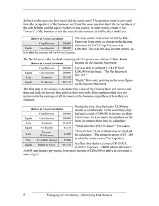 So back to the question, how much did the assets earn? The question must be answered
from the perspective of the business; we’ll ask the same question from the perspectives of
the debt holders and the equity holders in due course. In other words, return to the
“owners” of the business is not the issue for the moment; it will be dealt with later.

            Return to Assets Calculation The only source of revenue earned by K&L
               Crop Revenue     200,000
                                         Farm was from crops as shown on the income
                                         statement. In 2xx7, Crop Revenue was
  Equals       Gross Income     200,000 $200,000. This was the only income earned, so
it is also the amount of the Gross Income.

The Net Income is the residual remaining after Expenses are subtracted from Gross
     Return to Assets Calculation       Income on the Income Statement.
                   Crop Revenue        200,000      Lee was able to subtract $134,835 from
    Equals         Gross Income        200,000      $200,000 in her head. “The Net Income is
                                                    $65,165.”
    Less             Expenses          134,835
                                                    “Right,” Kim said, pointing to the same figure
    Equals          Net Income         $65,165
                                                    on the Income Statement.
The first step in the analysis is to deduct the value of their labour from net income and
then add back the interest they paid on their term debt. Kim explained that they are
interested in the earnings of all the assets in the business, regardless of how they are
financed.

                                                    During the year, they had taken $2,000 per
            Return to Assets Calculation            month in withdrawals. At the same time, they
                   Crop Revenue        200,000      had paid a total of $50,000 in interest on their
    Equals         Gross Income        200,000      Term Loan. As Kim wrote the numbers on the
                                                    form, he entered them into his calculator.
    Less             Expenses          134,835
                                                    “What does this $91,165 mean?” Lee asked.
    Equals          Net Income             65,165
                    Personal                        “You are fast,” Kim exclaimed as he checked
    Less                                   24,000   his calculator. “The return to assets of $91,165
                   Withdrawals
                                                    is what the assets earned,” he explained.
     Plus       Term Debt Interest         50,000
    Equals        Return to Assets      In effect they deducted a net of $108,835,
                                       $91,165
                                        (134,835 expenses – 24000 labour allowance +
50,000 term interest payment), from gross income of $200,000 to arrive at the return to
assets figure.




8                         Managing in Uncertainty – Identifying Risk Sources
 