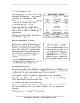 Per Cent Return on Assets
“Calculating the per cent return is quite a simple         Return to Assets Calculation
matter now,” Lee suggested. “Let’s just divide                      Crop Revenue       200,000
the earnings by the total value of assets.”
                                                       Equals       Gross Income       200,000
“That’s correct,” said Kim as he entered 91,165         Less          Expenses         134,835
/ 725,000 in his calculator. “On assets of
                                                       Equals        Net Income           65,165
$725,000 this is 12.57 %,” he said.
                                                                      Personal
“Looks about right,” Lee said. She did not              Less
                                                                     Withdrawals
                                                                                          24,000
calculate the percentage in her head; instead she
                                                        Plus      Term Debt Interest      50,000
stated, “I’d like to analyze the return we got as
equity holders.”                                       Equals      Return to Assets    $91,165

“Before we do that let’s look at the earnings of                  Per Cent Return to
                                                       Equals                          12.57 %
                                                                       Assets
the lender,” Kim suggested.

Return to the Debt Holders
Kim went on to explain, “When we borrowed
                                                          Per Cent Return on Debt
the money for buying the 960 acres and extra
machinery, we signed papers that promised to          The per cent return on debt is the rate
pay the credit agency 10.0 % annually on the           of interest paid to the lender. This is
outstanding balance. The lender expects this               the lender’s return. Since the
plus a payment on principal each and every              outstanding balance was $500,000
year. A poor year on our part is not his                and $50,000 interest was paid, this
concern.”                                               amounts to 10.00 %. The per cent
                                                      return on debt was therefore 10.00 %
“Well, we had a balance of $500,000
outstanding at the start of the year, so that’s why
we paid $50,000 in interest,” Lee said.

Return to Equity Holders
Kim went on to explain, “Since the lender was paid $50,000 interest on the $500,000 debt
owing as term liabilities it means we earned $41,165 as a return on our equity. The return
to debt holders is fixed by contract while return to equity is a residual.”
“In effect we get what is left over after the lender has been paid?” Lee queried.
“Right,” Kim agreed. “Remember we signed the mortgage contract to pay 10.00 % per
year on the outstanding balance, no matter what.”
Lee wondered, “But what if things got real bad?”
“I suppose we could renegotiate,” Kim replied, “but that would be a bit of a bother and
could result in additional costs.” Kim sighed, “You know, Lee, we’re quite heavily
leveraged!”
“What do you mean by ‘leveraged’?” Lee inquired.



                   Managing in Uncertainty – Identifying Risk Sources                         9
 