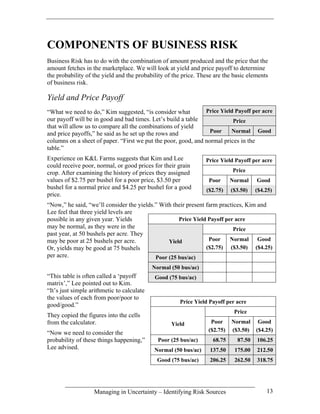 COMPONENTS OF BUSINESS RISK
Business Risk has to do with the combination of amount produced and the price that the
amount fetches in the marketplace. We will look at yield and price payoff to determine
the probability of the yield and the probability of the price. These are the basic elements
of business risk.

Yield and Price Payoff
“What we need to do,” Kim suggested, “is consider what         Price Yield Payoff per acre
our payoff will be in good and bad times. Let’s build a table             Price
that will allow us to compare all the combinations of yield
and price payoffs,” he said as he set up the rows and            Poor    Normal Good
columns on a sheet of paper. “First we put the poor, good, and normal prices in the
table.”
Experience on K&L Farms suggests that Kim and Lee                Price Yield Payoff per acre
could receive poor, normal, or good prices for their grain
crop. After examining the history of prices they assigned                   Price
values of $2.75 per bushel for a poor price, $3.50 per            Poor      Normal    Good
bushel for a normal price and $4.25 per bushel for a good        ($2.75)    ($3.50)   ($4.25)
price.
“Now,” he said, “we’ll consider the yields.” With their present farm practices, Kim and
Lee feel that three yield levels are
possible in any given year. Yields                  Price Yield Payoff per acre
may be normal, as they were in the                                         Price
past year, at 50 bushels per acre. They
may be poor at 25 bushels per acre.             Yield            Poor    Normal Good
Or, yields may be good at 75 bushels                            ($2.75) ($3.50) ($4.25)
per acre.                                  Poor (25 bus/ac)
                                            Normal (50 bus/ac)
“This table is often called a ‘payoff        Good (75 bus/ac)
matrix’,” Lee pointed out to Kim.
“It’s just simple arithmetic to calculate
the values of each from poor/poor to
                                                      Price Yield Payoff per acre
good/good.”
                                                                             Price
They copied the figures into the cells
from the calculator.                               Yield           Poor     Normal Good
                                                                  ($2.75)   ($3.50) ($4.25)
“Now we need to consider the
probability of these things happening,”       Poor (25 bus/ac)      68.75     87.50   106.25
Lee advised.                                Normal (50 bus/ac)     137.50    175.00   212.50
                                             Good (75 bus/ac)      206.25    262.50   318.75




                   Managing in Uncertainty – Identifying Risk Sources                     13
 