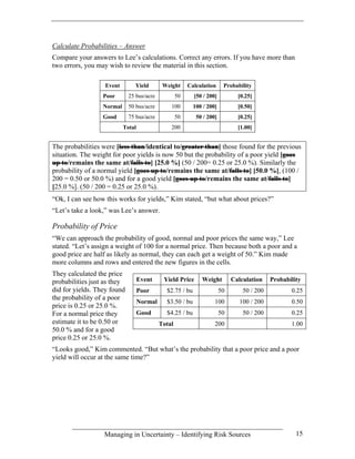 Calculate Probabilities – Answer
Compare your answers to Lee’s calculations. Correct any errors. If you have more than
two errors, you may wish to review the material in this section.

                   Event       Yield         Weight      Calculation     Probability
                  Poor       25 bus/acre            50     [50 / 200]          [0.25]
                  Normal     50 bus/acre        100        100 / 200]          [0.50]
                  Good       75 bus/acre            50      50 / 200]          [0.25]
                           Total                200                            [1.00]


The probabilities were [less than/identical to/greater than] those found for the previous
situation. The weight for poor yields is now 50 but the probability of a poor yield [goes
up to/remains the same at/falls to] [25.0 %] (50 / 200= 0.25 or 25.0 %). Similarly the
probability of a normal yield [goes up to/remains the same at/falls to] [50.0 %], (100 /
200 = 0.50 or 50.0 %) and for a good yield [goes up to/remains the same at/falls to]
[25.0 %]. (50 / 200 = 0.25 or 25.0 %).
“Ok, I can see how this works for yields,” Kim stated, “but what about prices?”
“Let’s take a look,” was Lee’s answer.

Probability of Price
“We can approach the probability of good, normal and poor prices the same way,” Lee
stated. “Let’s assign a weight of 100 for a normal price. Then because both a poor and a
good price are half as likely as normal, they can each get a weight of 50.” Kim made
more columns and rows and entered the new figures in the cells.
They calculated the price
probabilities just as they         Event     Yield Price      Weight         Calculation    Probability
did for yields. They found         Poor       $2.75 / bu                50       50 / 200          0.25
the probability of a poor
                                   Normal     $3.50 / bu            100         100 / 200          0.50
price is 0.25 or 25.0 %.
For a normal price they            Good       $4.25 / bu                50       50 / 200          0.25
estimate it to be 0.50 or                   Total                   200                            1.00
50.0 % and for a good
price 0.25 or 25.0 %.
“Looks good,” Kim commented. “But what’s the probability that a poor price and a poor
yield will occur at the same time?”




                  Managing in Uncertainty – Identifying Risk Sources                                 15
 